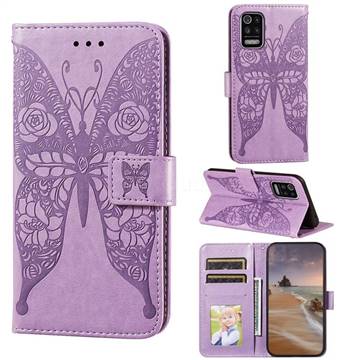 Intricate Embossing Rose Flower Butterfly Leather Wallet Case for LG K52 K62 Q52 - Purple