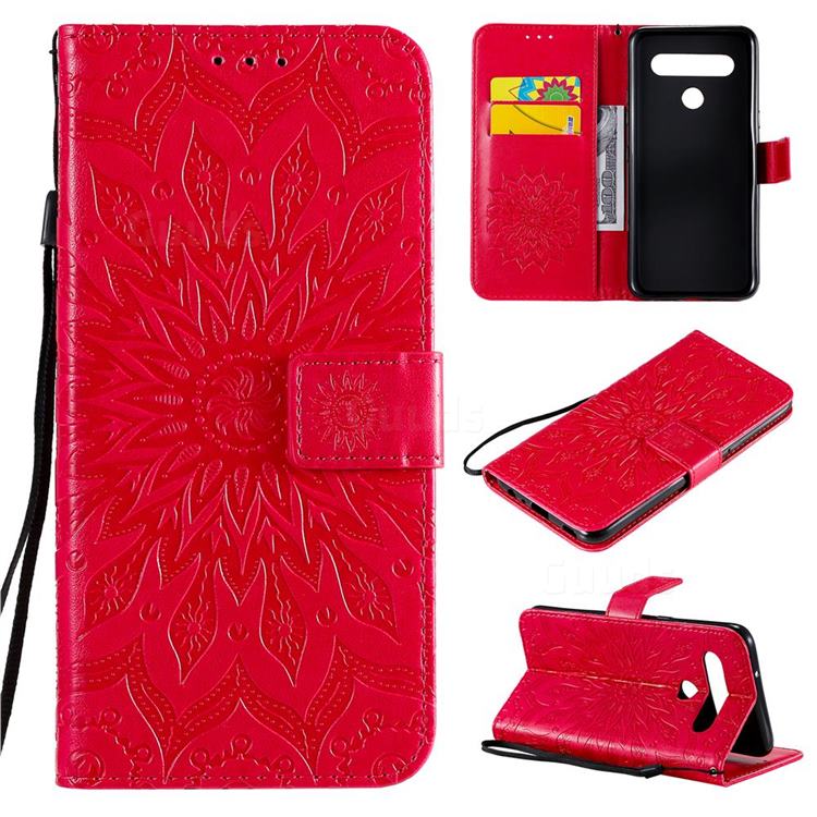 Embossing Sunflower Leather Wallet Case for LG K61 - Red