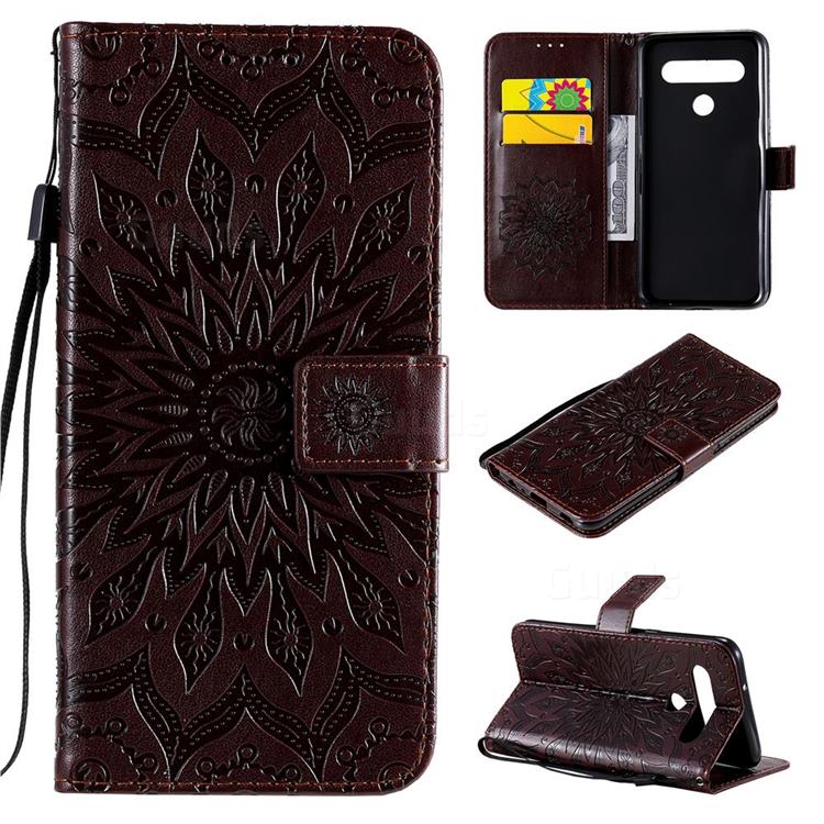 Embossing Sunflower Leather Wallet Case for LG K61 - Brown