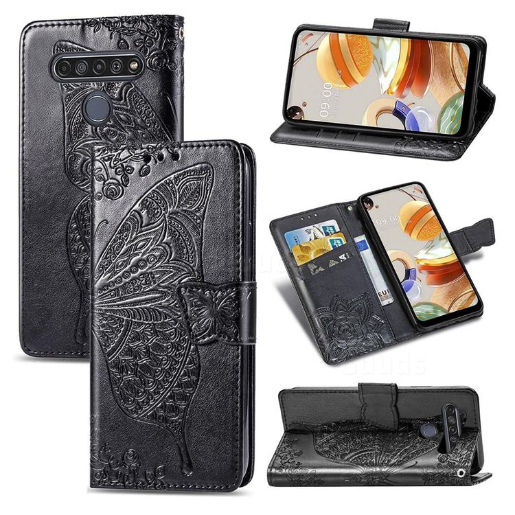 Embossing Mandala Flower Butterfly Leather Wallet Case for LG K61 - Black