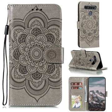 Intricate Embossing Datura Solar Leather Wallet Case for LG K61 - Gray