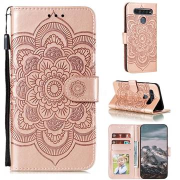 Intricate Embossing Datura Solar Leather Wallet Case for LG K61 - Rose Gold