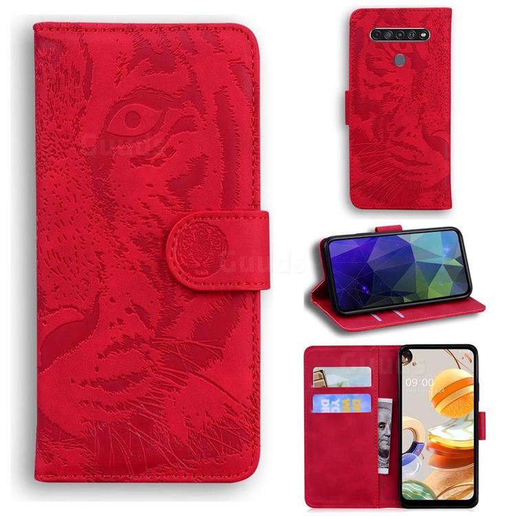 Intricate Embossing Tiger Face Leather Wallet Case for LG K61 - Red