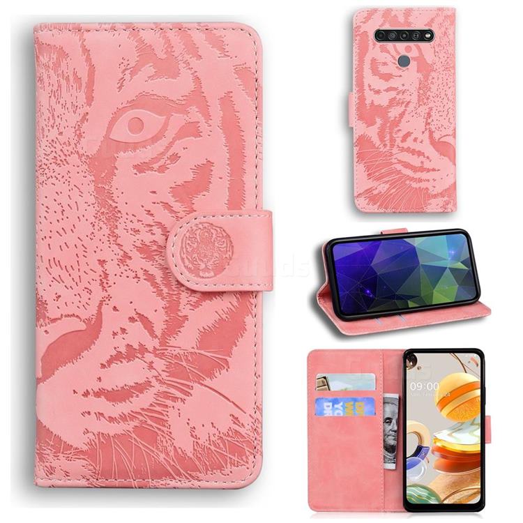Intricate Embossing Tiger Face Leather Wallet Case for LG K61 - Pink