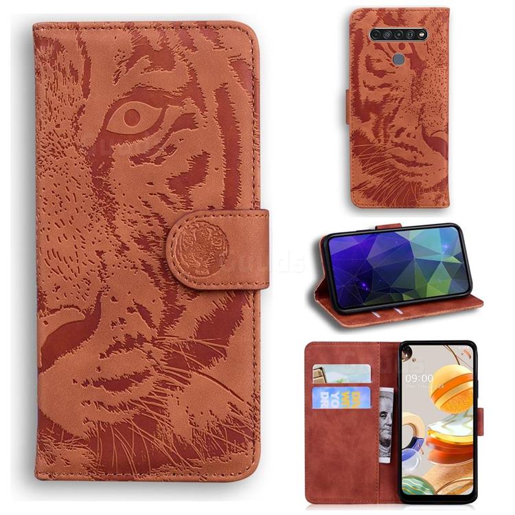 Intricate Embossing Tiger Face Leather Wallet Case for LG K61 - Brown