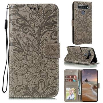 Intricate Embossing Lace Jasmine Flower Leather Wallet Case for LG K61 - Gray