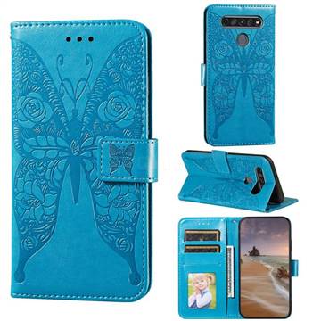 Intricate Embossing Rose Flower Butterfly Leather Wallet Case for LG K61 - Blue