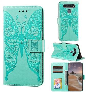 Intricate Embossing Rose Flower Butterfly Leather Wallet Case for LG K61 - Green