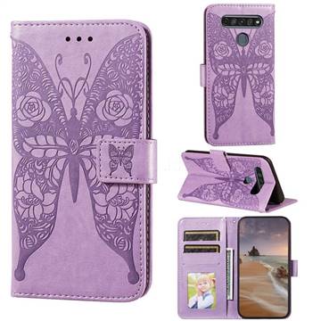 Intricate Embossing Rose Flower Butterfly Leather Wallet Case for LG K61 - Purple