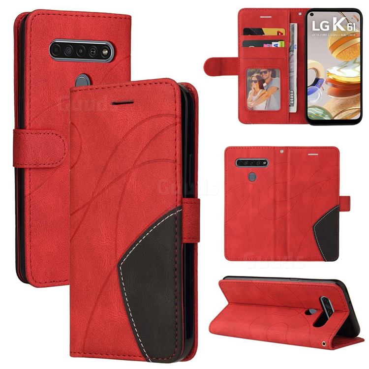 Luxury Two-color Stitching Leather Wallet Case Cover for LG K61 - Red