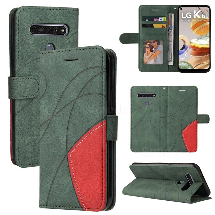 Luxury Two-color Stitching Leather Wallet Case Cover for LG K61 - Green