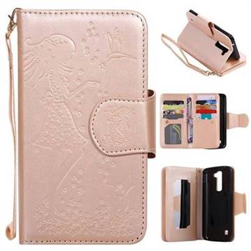 Embossing Cat Girl 9 Card Leather Wallet Case for LG K7 - Gold