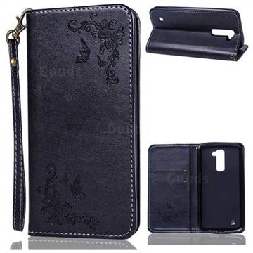 Intricate Embossing Slim Butterfly Rose Leather Holster Case for LG K7 - Black