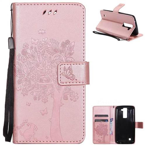 Embossing Butterfly Tree Leather Wallet Case for LG K8 - Rose Pink