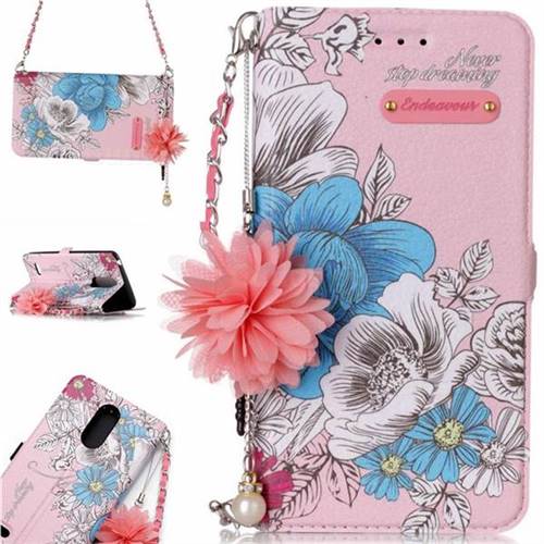 Pink Blue Rose Endeavour Florid Pearl Flower Pendant Metal Strap PU Leather Wallet Case for LG K8 2017 M200N EU Version (5.0 inch)