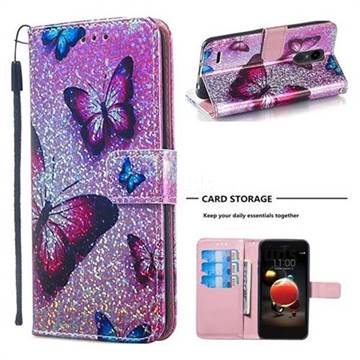 Blue Butterfly Sequins Painted Leather Wallet Case for LG K8 (2018)