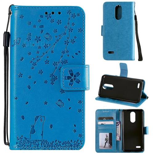 Embossing Cherry Blossom Cat Leather Wallet Case for LG K8 (2018) - Blue