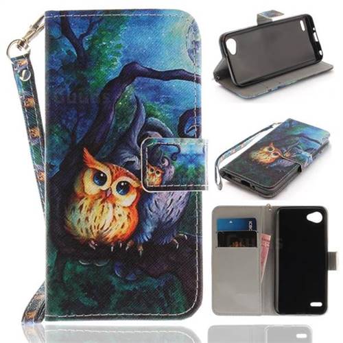 Oil Painting Owl Hand Strap Leather Wallet Case for LG Q6 (LG G6 Mini)