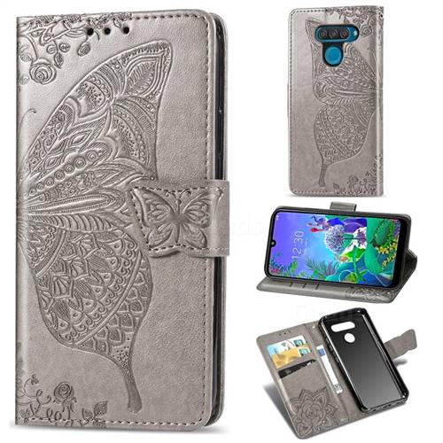 Embossing Mandala Flower Butterfly Leather Wallet Case for LG Q60 - Gray