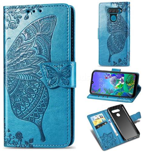 Embossing Mandala Flower Butterfly Leather Wallet Case for LG Q60 - Blue