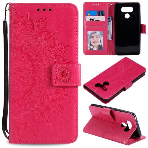 Intricate Embossing Datura Leather Wallet Case for LG Q60 - Rose Red