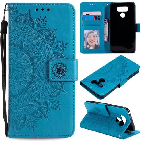 Intricate Embossing Datura Leather Wallet Case for LG Q60 - Blue