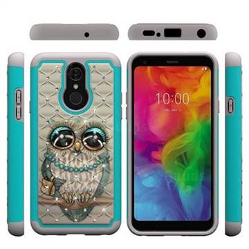 Sweet Gray Owl Studded Rhinestone Bling Diamond Shock Absorbing Hybrid Defender Rugged Phone Case Cover for LG Q7 / Q7+ / Q7 Alpha / Q7α