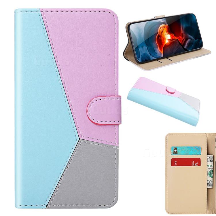 Tricolour Stitching Wallet Flip Cover for LG Q70 - Blue