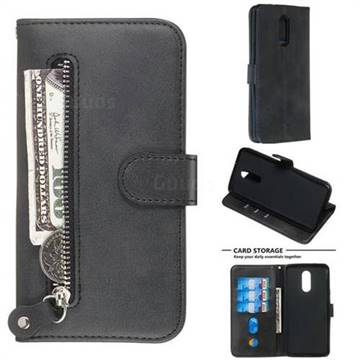 Retro Luxury Zipper Leather Phone Wallet Case for LG Q8(2018, 6.2 inch) - Black