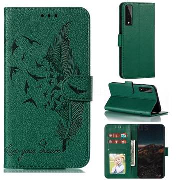 Intricate Embossing Lychee Feather Bird Leather Wallet Case for LG Stylo 7 5G - Green