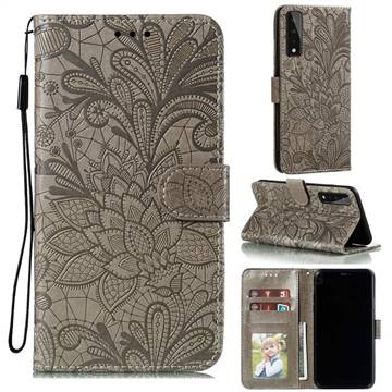Intricate Embossing Lace Jasmine Flower Leather Wallet Case for LG Stylo 7 5G - Gray