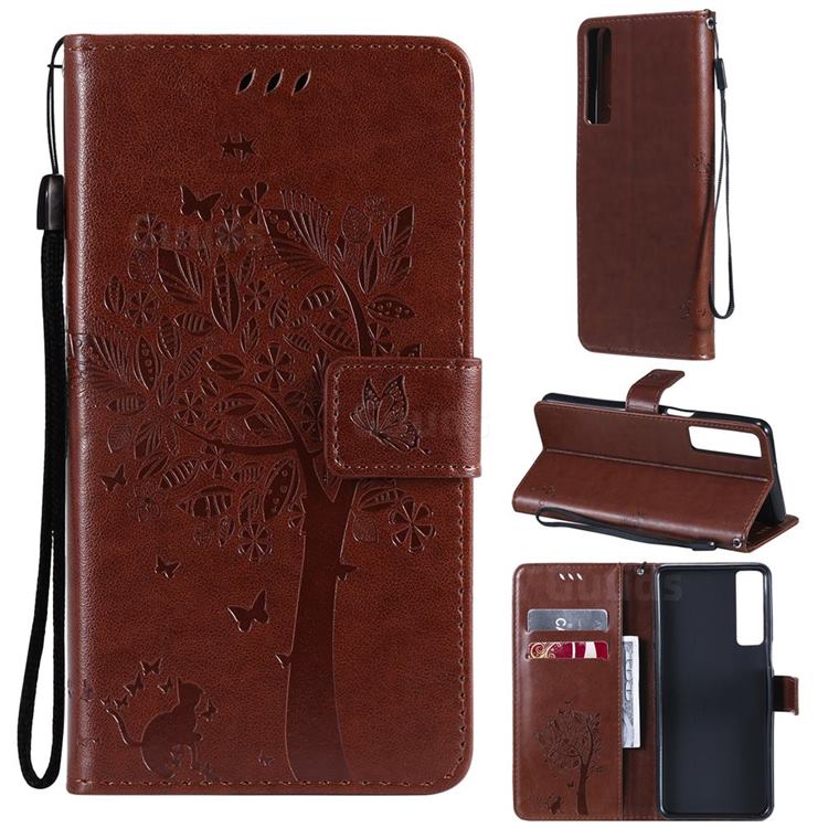 Embossing Butterfly Tree Leather Wallet Case for LG Stylo 7 5G - Coffee