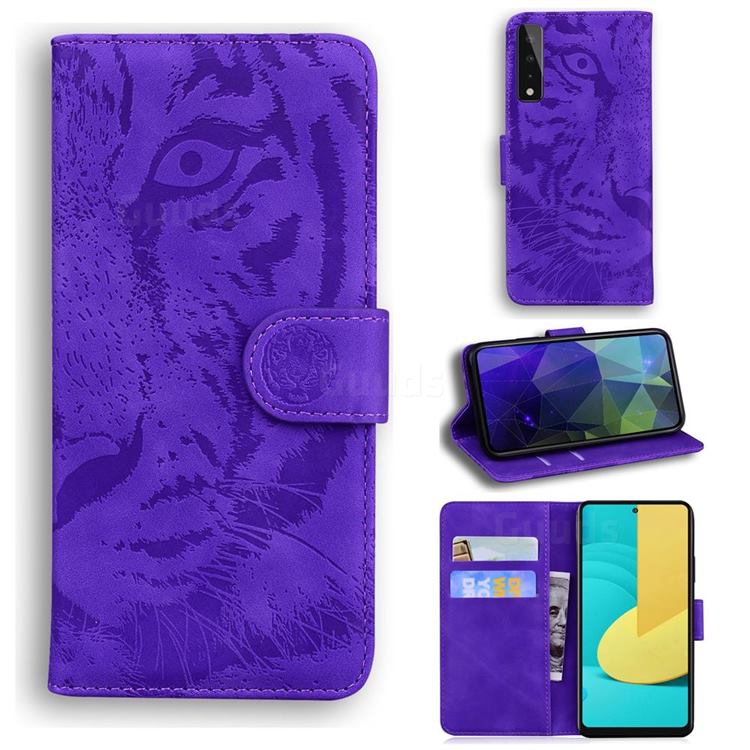 Intricate Embossing Tiger Face Leather Wallet Case for LG Stylo 7 5G - Purple