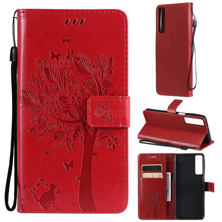 Embossing Butterfly Tree Leather Wallet Case for LG Stylo 7 4G - Red
