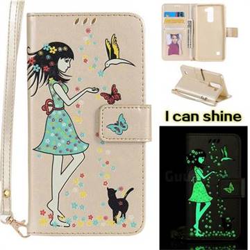 Luminous Flower Girl Cat Leather Wallet Case for LG Stylo 2 LS775 Criket - Champagne