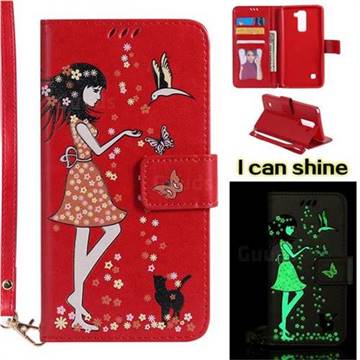 Luminous Flower Girl Cat Leather Wallet Case for LG Stylo 2 LS775 Criket - Red