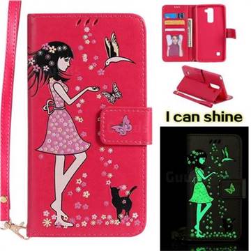 Luminous Flower Girl Cat Leather Wallet Case for LG Stylo 2 LS775 Criket - Rose
