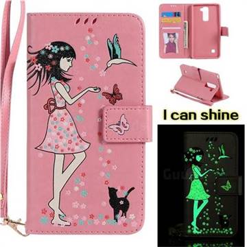 Luminous Flower Girl Cat Leather Wallet Case for LG Stylo 2 LS775 Criket - Hot Pink