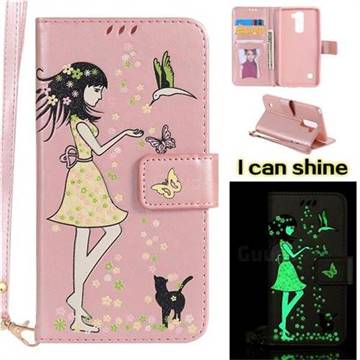 Luminous Flower Girl Cat Leather Wallet Case for LG Stylo 2 LS775 Criket - Light Pink