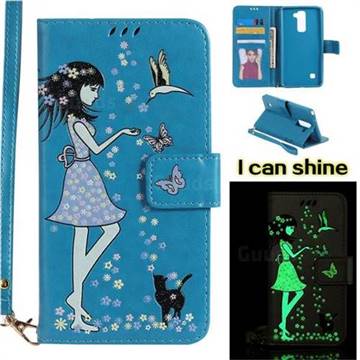Luminous Flower Girl Cat Leather Wallet Case for LG Stylo 2 LS775 Criket - Blue