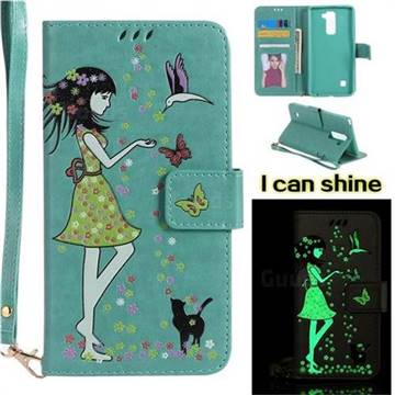 Luminous Flower Girl Cat Leather Wallet Case for LG Stylo 2 LS775 Criket - Green