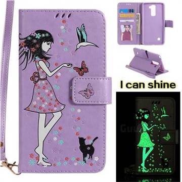 Luminous Flower Girl Cat Leather Wallet Case for LG Stylo 2 LS775 Criket - Purple