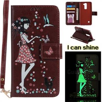 Luminous Flower Girl Cat Leather Wallet Case for LG Stylo 2 LS775 Criket - Brown