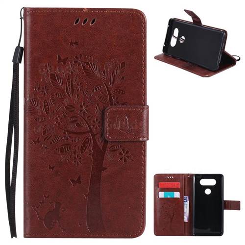 Embossing Butterfly Tree Leather Wallet Case for LG V20 - Brown