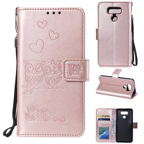 Embossing Owl Couple Flower Leather Wallet Case for LG V30 - Rose Gold