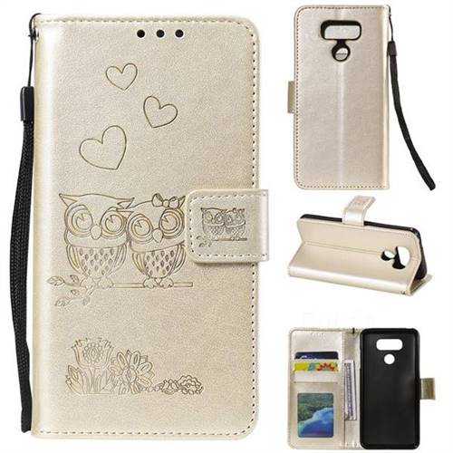 Embossing Owl Couple Flower Leather Wallet Case for LG V30 - Golden