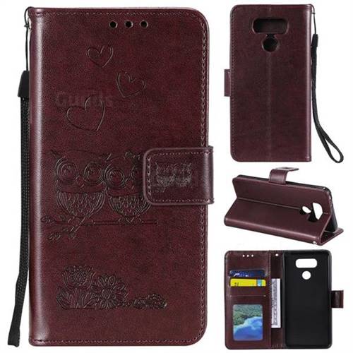 Embossing Owl Couple Flower Leather Wallet Case for LG V30 - Brown