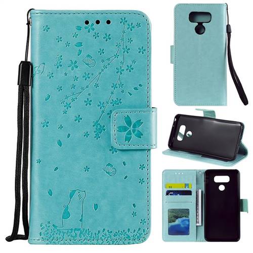 Embossing Cherry Blossom Cat Leather Wallet Case for LG V30 - Green