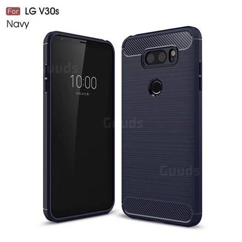 Luxury Carbon Fiber Brushed Wire Drawing Silicone TPU Back Cover for LG V30S ThinQ / V30S+ ThinQ - Navy