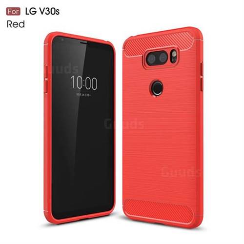 Luxury Carbon Fiber Brushed Wire Drawing Silicone TPU Back Cover for LG V30S ThinQ / V30S+ ThinQ - Red